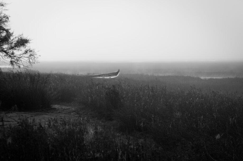 Bassin d'Arcachon, bateau, Pinassotte dans la brume à Arès